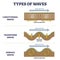 Types of longitudinal, transverse and surface waves examples outline diagram