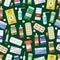 Types of medicine seamless pattern background. Medical pill blisters, capsules, etc.