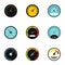Types of speedometers icons set, flat style