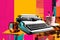 A typewriter with a cup of coffee next to it magazine collage style AI generation