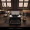 Typewriter vintage on wooden desk in old room with ancient books.Retro writers desk.Writer concept