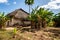 Typical african house made of mud and mudbrick with thatched roof, surrounded by palm and banana trees
