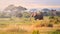 Typical african landscape at the foot of a volcano Kilimanjaro, Amboseli national park, Kenya. Savanna, acacia trees and huge