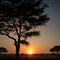 Typical african sunset with acacia trees in Masai Mara, Kenya made with Generative AI
