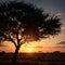 Typical african sunset with acacia trees in Masai Mara, Kenya made with Generative AI