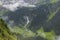 Typical alpine landscape with waterfalls, Swiss Alps near Klausenstrasse, Spiringen, Canton of Uri,