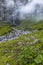 Typical alpine landscape with waterfalls, Swiss Alps near Klausenstrasse, Spiringen, Canton of Uri, Switzerland