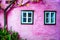 Typical Austrian Alpine houses. Tree in autumn against pink wal