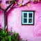 Typical Austrian Alpine houses. Tree in autumn against pink wal