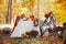 Typical Autumn Picnic Background Autumn Still Life With seasonal fruits and vegetables Wooden Background Copy Space