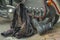 A typical biker leather bag. Motorbike accessories. Vintage effect