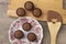 Typical brazilian brigadeiros, various flavors over wooden table