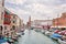 Typical city view Chioggia town from the bridge in venetian lagoon, water canal, church, typical architecture, boats