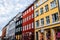 Typical colorful houses and building exteriors in Copenhagen old town, close up on windows and details