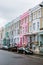 Typical colorful and pastel restored Victorian British houses of Notting Hill district