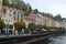 Typical colourful terrace building on River Tepla in Karlovy Vary Czech Republic