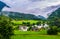 Typical countryside Norwegian landscape with houses on the shore