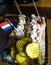 Typical dish of Amsterdam. Dutch herring raw, fresh, freshly caught, served together with slices of cucumber and pieces of white o