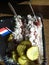 Typical dish of Amsterdam. Dutch herring raw, fresh, freshly caught, served together with slices of cucumber and pieces of white o