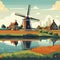 Typical dutch landscape with a dutch traditional windmill in the centre of the illustration