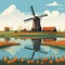 Typical dutch landscape with a dutch traditional windmill in the centre of the illustration, small houses