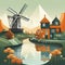 Typical dutch landscape with a dutch traditional windmill in the centre of the illustration, small houses