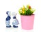 Typical Dutch souvenir in Delft blue and plastic tulips in bucket