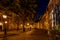 A typical Dutch street The Hooglandse Kerkgracht, with old buildings and beautiful, lighted lamp posts, Leiden, the Netherlands