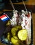 Typical Dutch takeaway dish: delicious fresh herring in a small tray served with slices of cucumbers and onions. delicacies from