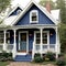 A typical European multi-story house made of wood and blue in color.