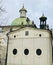 Typical European street view with old catholic cathedral  facades