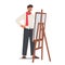 Typical French Street Painter with Dali Mustaches Wear red Scarf Stand at Easel, Man Wearing France Traditional Clothes