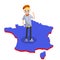 Typical Frenchman. man in a blue striped t-shirt on the map of the European country of France. Cartoon flat illustration