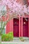 Typical front porch entrance of attached townhouse with blooming cherry in Seattle, WA