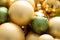 Typical German glass Christmas tree decoration, balls and ornaments in gold and green with matt, glitter and shiny finish