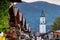 Typical German houses and church in Garmisch with Wank mountain