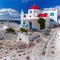 Typical Greek white Church on island Mykonos, Greece