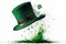 typical green Saint Patrick\\\'s hat with confetti explosion on white background. Ai generative