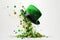 typical green Saint Patrick\\\'s hat with confetti explosion on white background. Ai generative