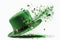 typical green Saint Patrick\\\'s hat with confetti explosion on white background. Ai generative