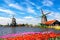 Typical iconic landscape in the Netherlands, Europe. Traditional old dutch windmills with house, blue sky near river with tulips