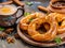 Typical Indian breakfast pretzels with coriander and ginger with cup of chai massala