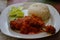 Typical Indonesian Dish: Nasi Ayam Plecing Chicken with rice and special sauce