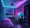 Typical interior design of a very cozy bedroom of a teenage game