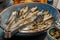 Typical Israeli breakfast buffet at any hotel. Close up of sardines.