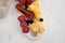 Typical italian antipasto,with prosciutto, ham, cheese and olives on white background. Top view with copy space.