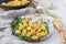 Typical Italian Gnocchi with mushroom sauce and arugula salad