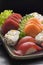 Typical Japanese food in decorated and colorful dishes, Sushi and Sashimi