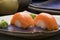 Typical Japanese food in decorated and colorful dishes, Sushi and Sashimi