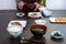 Typical Japanese lunch meal in Yamagata with fish, soup and rice